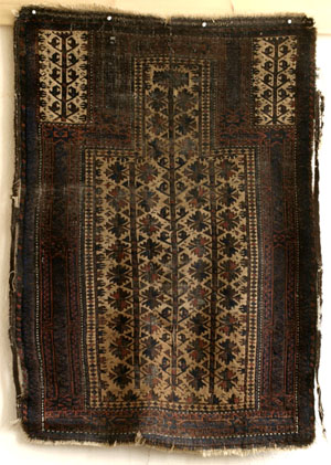 full view of baluch prayer rug with tree of life design