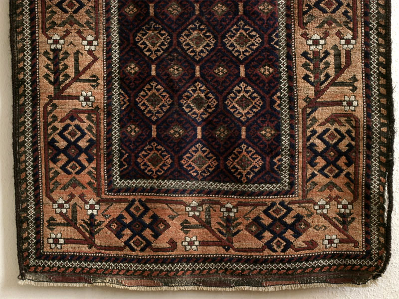 Baluch rug, wide meandering tree border with blossoms, bottom half