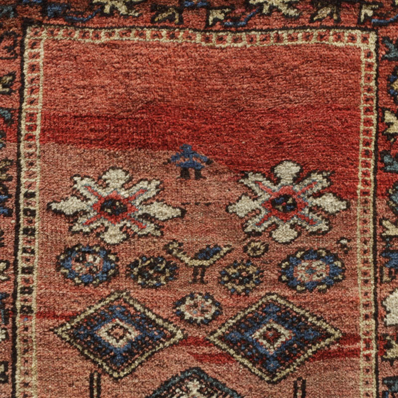 Kurdish rug with humans and animals - top field detail