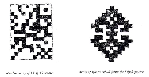 Two versions of an 11x15 array of blocks: a random and a Seljuk pattern