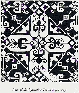 Byzantine-Timurid prototype showing 4 speade motives around the centre, and larger white spades formed by the background